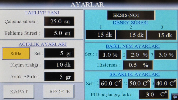 laboratuar tipi kurutucu genel ayarlar